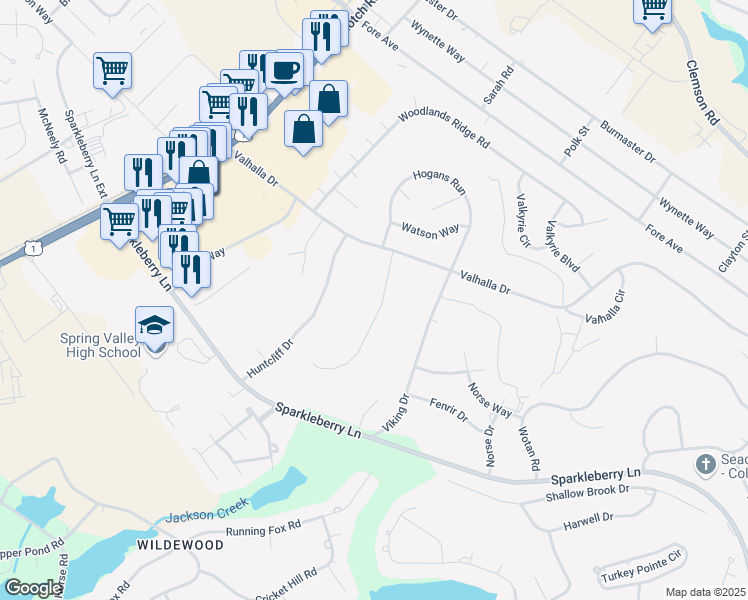 map of restaurants, bars, coffee shops, grocery stores, and more near 124 Woodlands West in Columbia