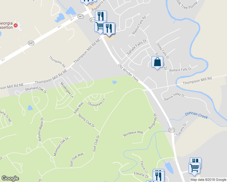 map of restaurants, bars, coffee shops, grocery stores, and more near 6017 Allee Way in Braselton