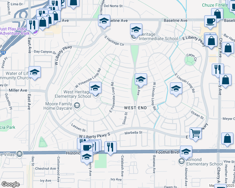 map of restaurants, bars, coffee shops, grocery stores, and more near 13712 Balboa Court in Fontana