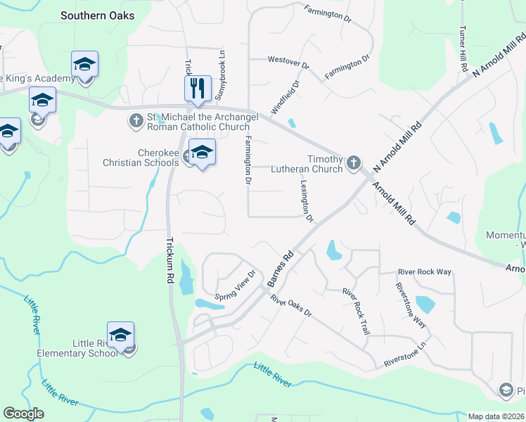 map of restaurants, bars, coffee shops, grocery stores, and more near 75 Farmington Drive in Woodstock
