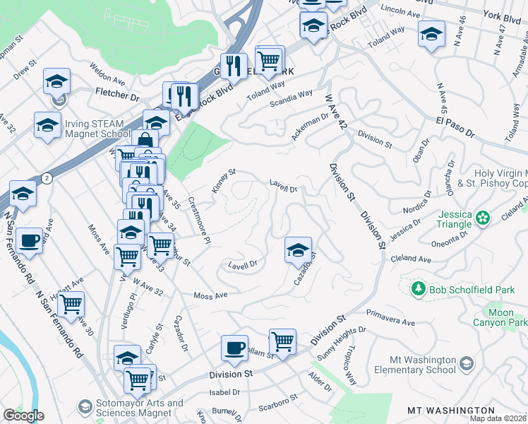 map of restaurants, bars, coffee shops, grocery stores, and more near 3722 Lavell Drive in Los Angeles