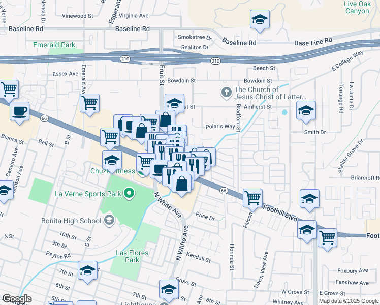 map of restaurants, bars, coffee shops, grocery stores, and more near 2421 Foothill Boulevard in La Verne
