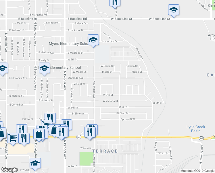map of restaurants, bars, coffee shops, grocery stores, and more near 2595 Cleveland Street in San Bernardino