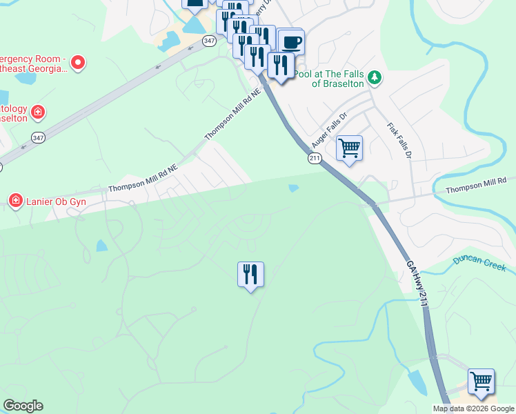 map of restaurants, bars, coffee shops, grocery stores, and more near 6042 Allee Way in Braselton