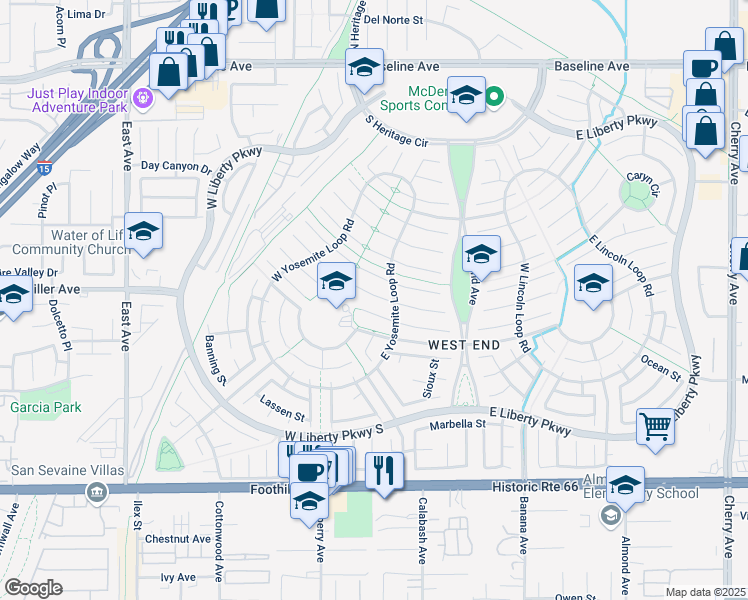 map of restaurants, bars, coffee shops, grocery stores, and more near 13675 Balboa Court in Fontana