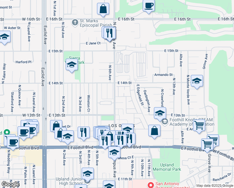 map of restaurants, bars, coffee shops, grocery stores, and more near 929 East Foothill Boulevard in Upland