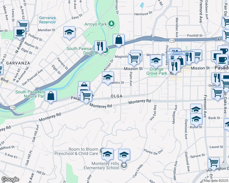map of restaurants, bars, coffee shops, grocery stores, and more near 1025 Indiana Avenue in South Pasadena