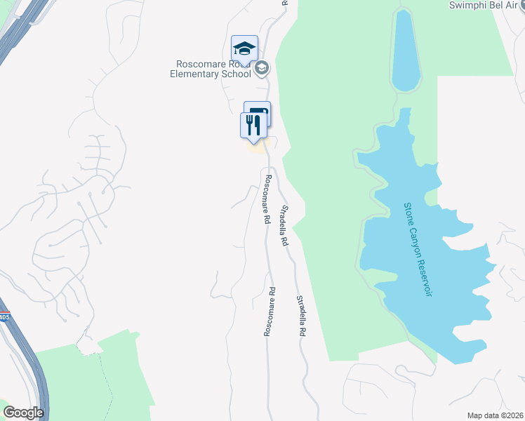 map of restaurants, bars, coffee shops, grocery stores, and more near 2225 Roscomare Road in Los Angeles