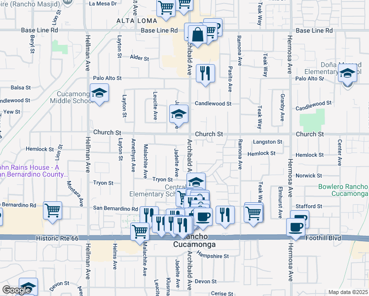 map of restaurants, bars, coffee shops, grocery stores, and more near 9677 Langston Street in Rancho Cucamonga
