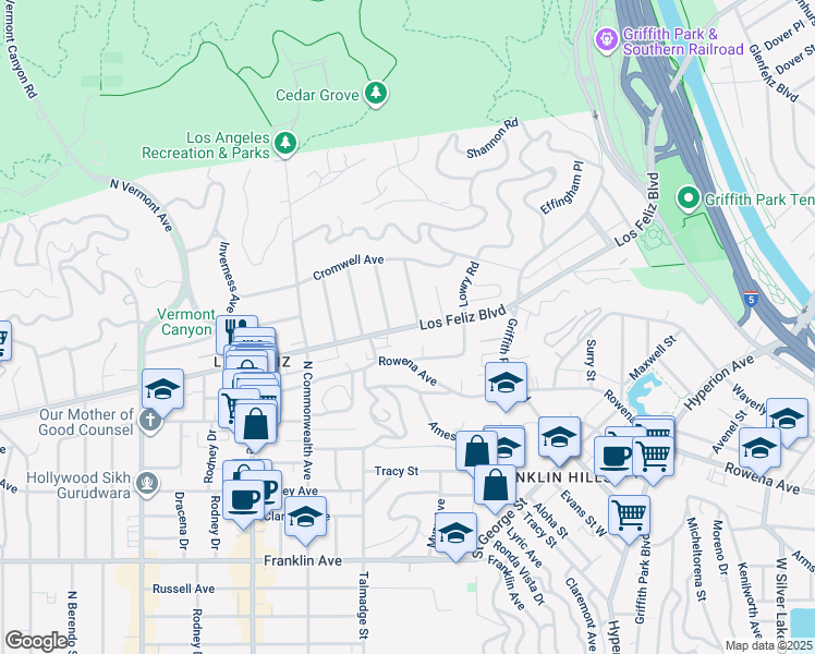 map of restaurants, bars, coffee shops, grocery stores, and more near Los Feliz Boulevard in Los Angeles