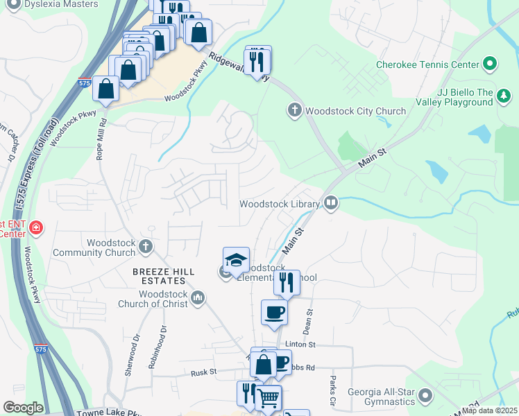 map of restaurants, bars, coffee shops, grocery stores, and more near 505 Quinn Drive in Woodstock