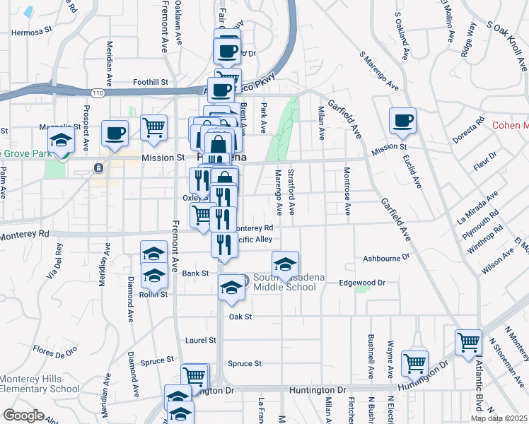 map of restaurants, bars, coffee shops, grocery stores, and more near 1120 Donaldo Court in South Pasadena