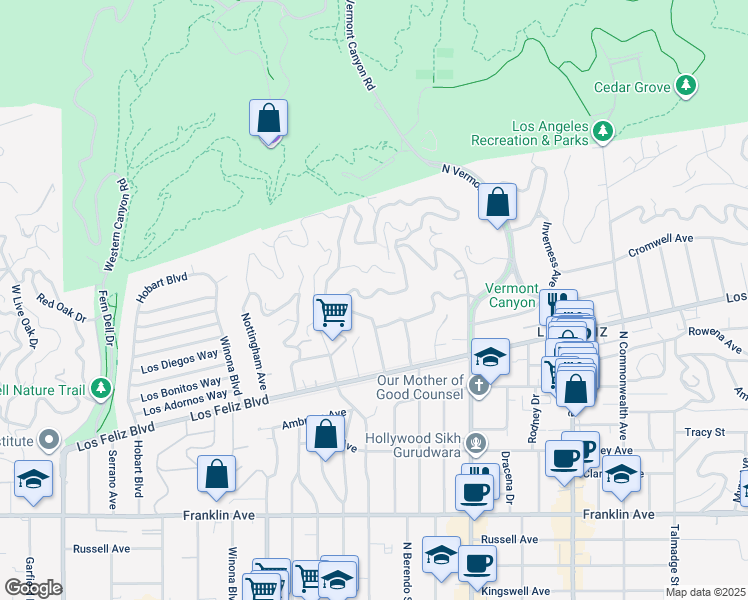 map of restaurants, bars, coffee shops, grocery stores, and more near 4818 Bonvue Avenue in Los Angeles