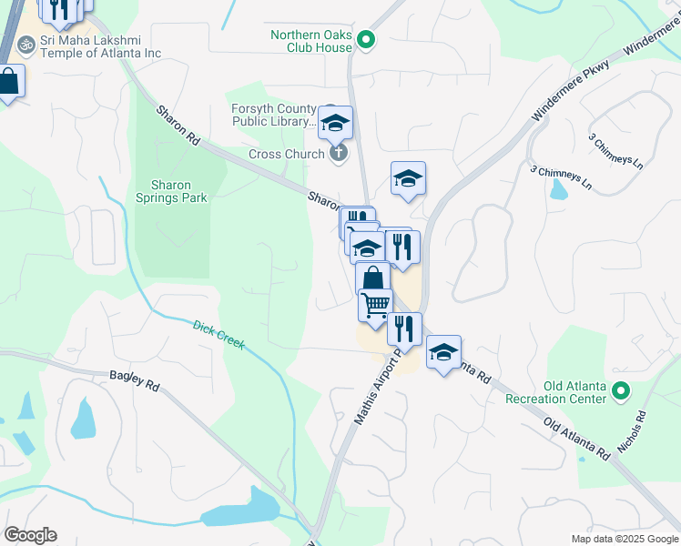 map of restaurants, bars, coffee shops, grocery stores, and more near 3140 The Commons Drive in Cumming