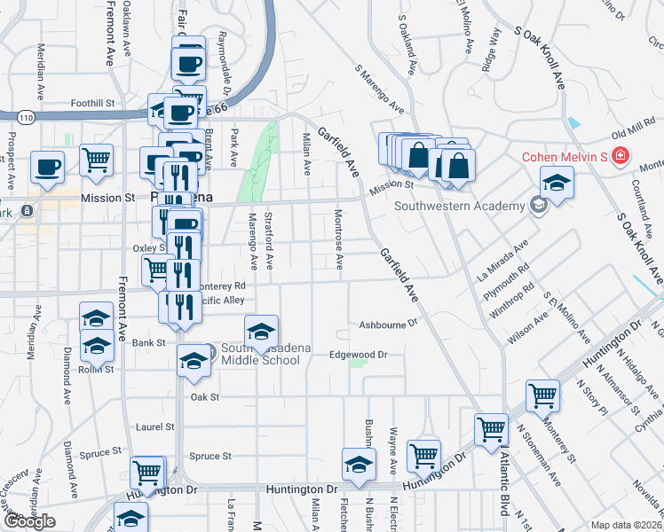 map of restaurants, bars, coffee shops, grocery stores, and more near 1123 Montrose Avenue in South Pasadena