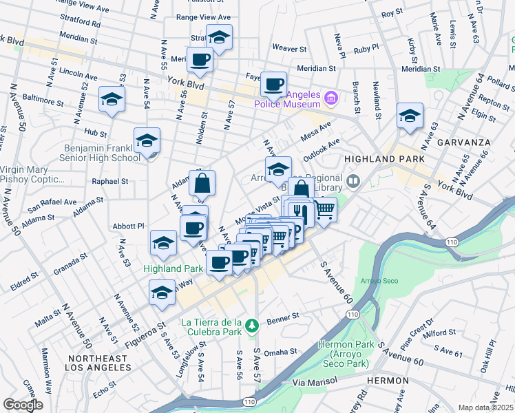 map of restaurants, bars, coffee shops, grocery stores, and more near 5901 Monte Vista Street in Los Angeles