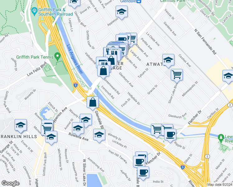 map of restaurants, bars, coffee shops, grocery stores, and more near 3414 Greensward Road in Los Angeles