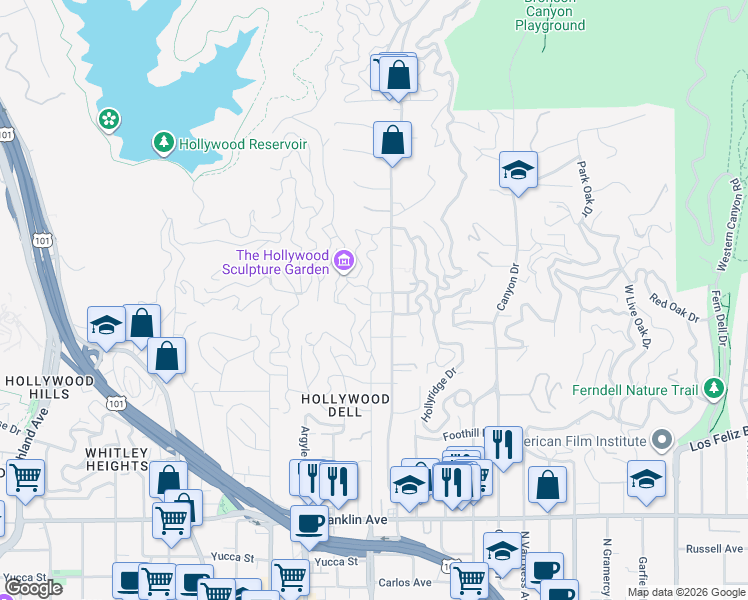 map of restaurants, bars, coffee shops, grocery stores, and more near 6218 Glen Airy Street in Los Angeles