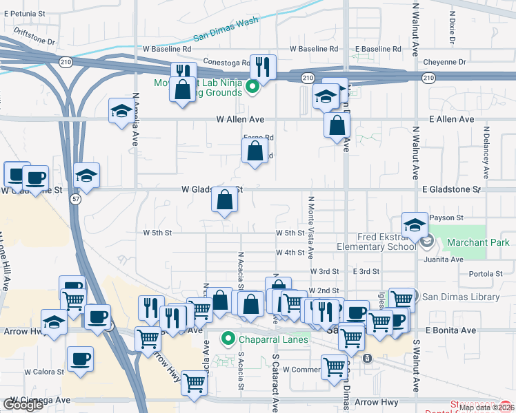 map of restaurants, bars, coffee shops, grocery stores, and more near 330 West Gladstone Street in San Dimas