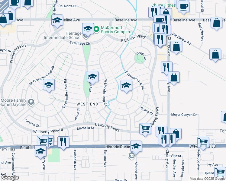 map of restaurants, bars, coffee shops, grocery stores, and more near 14085 Valley Forge Court in Fontana