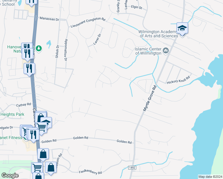 map of restaurants, bars, coffee shops, grocery stores, and more near 1213 Whispering Doe Drive in Wilmington