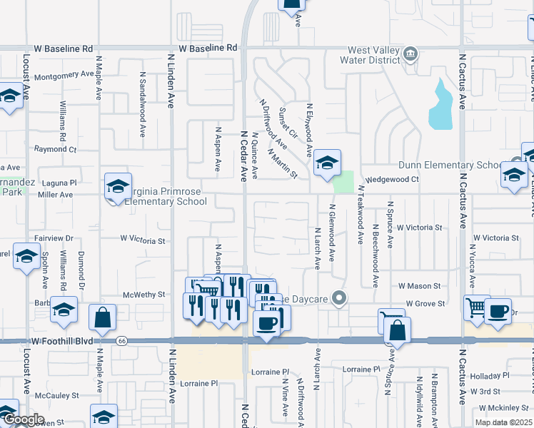 map of restaurants, bars, coffee shops, grocery stores, and more near 1254 West Van Koevering Street in Rialto