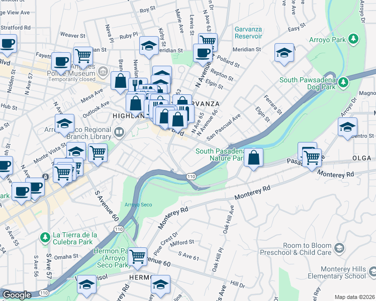 map of restaurants, bars, coffee shops, grocery stores, and more near 201 South Avenue 66 in Los Angeles