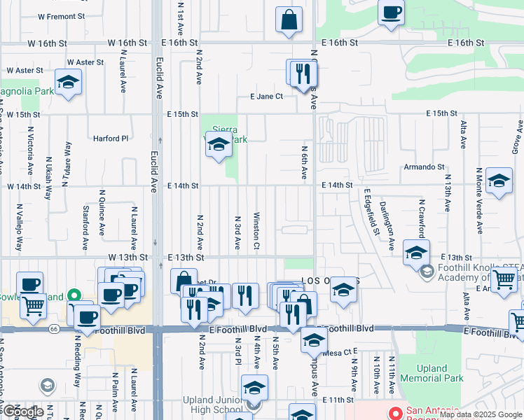 map of restaurants, bars, coffee shops, grocery stores, and more near 1368 Winston Court in Upland