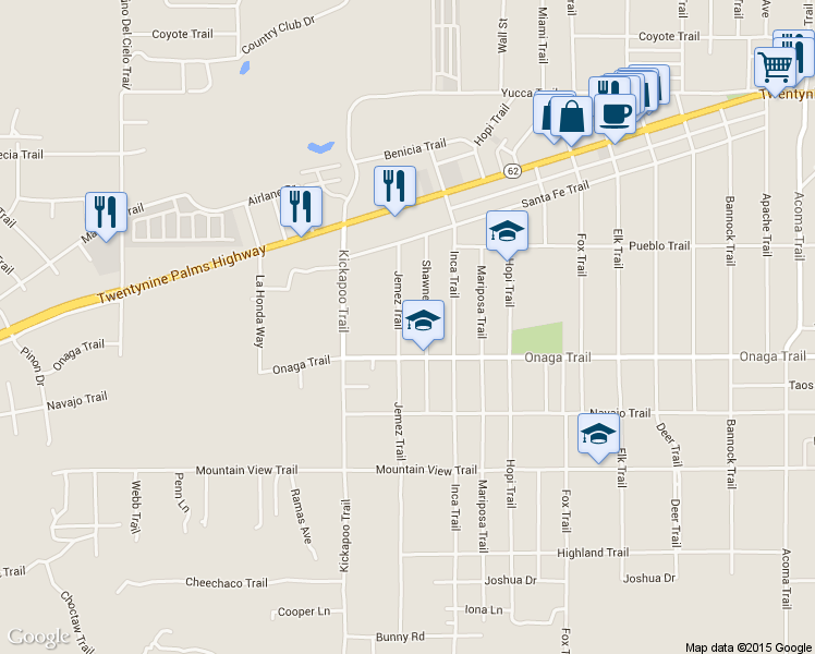 map of restaurants, bars, coffee shops, grocery stores, and more near 7637 Jemez Trail in Yucca Valley