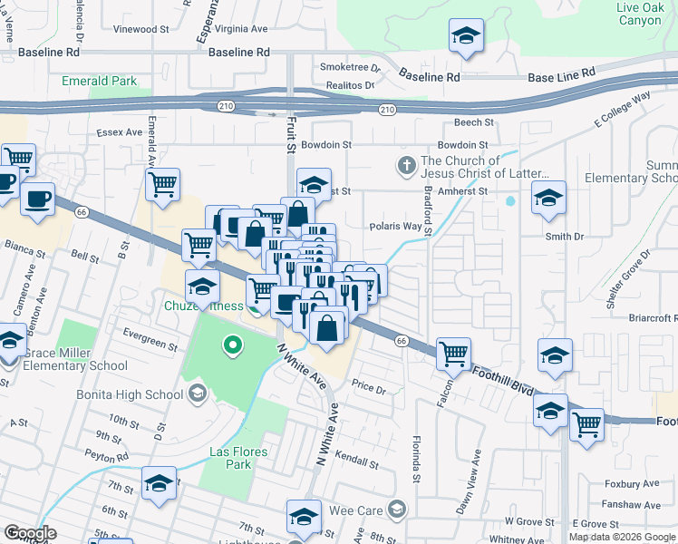 map of restaurants, bars, coffee shops, grocery stores, and more near 2421 Foothill Boulevard in La Verne