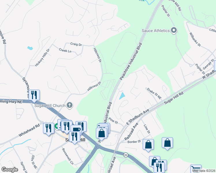 map of restaurants, bars, coffee shops, grocery stores, and more near 1450 Peachtree Industrial Boulevard in Sugar Hill