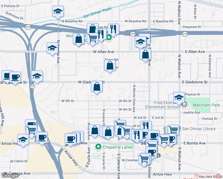 map of restaurants, bars, coffee shops, grocery stores, and more near 330 West Gladstone Street in San Dimas