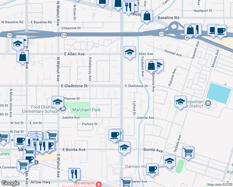 map of restaurants, bars, coffee shops, grocery stores, and more near 618 East Norwood Court in San Dimas