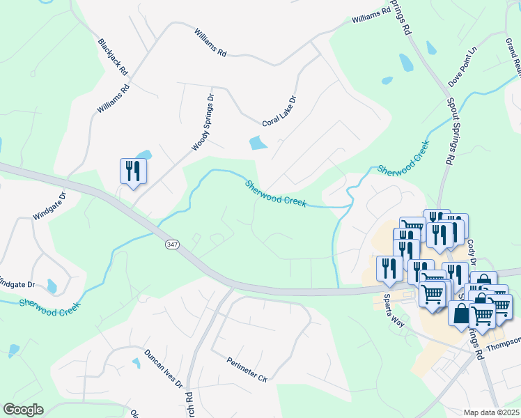 map of restaurants, bars, coffee shops, grocery stores, and more near 2207 Democracy Drive in Buford