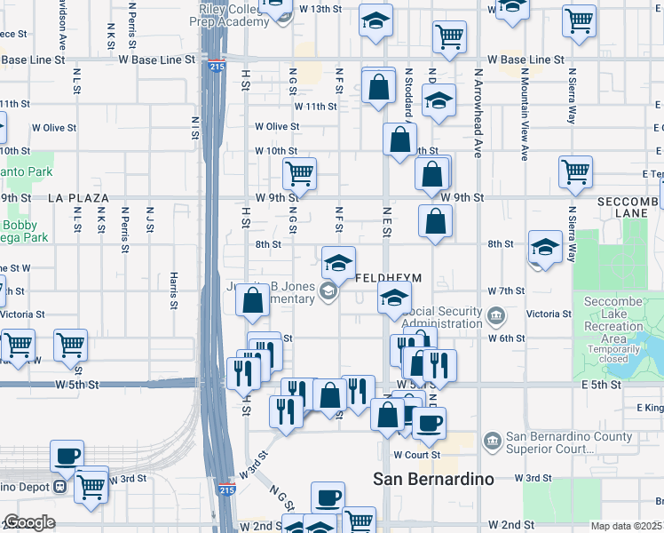map of restaurants, bars, coffee shops, grocery stores, and more near 752 N F St in San Bernardino