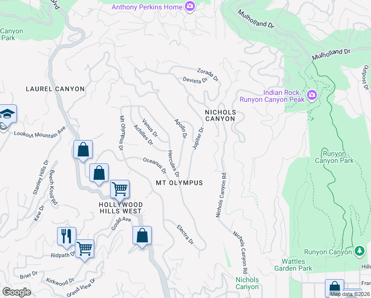 map of restaurants, bars, coffee shops, grocery stores, and more near 2310 Apollo Drive in Los Angeles
