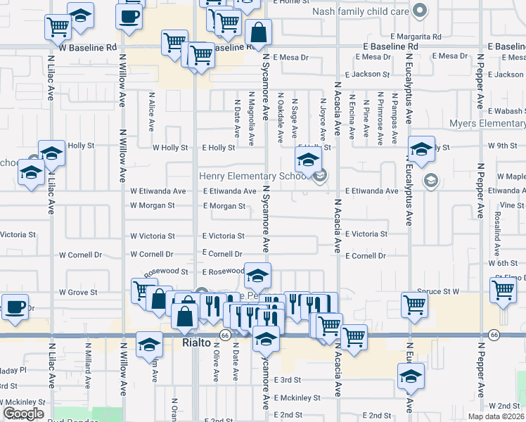 map of restaurants, bars, coffee shops, grocery stores, and more near 724 North Sycamore Avenue in Rialto
