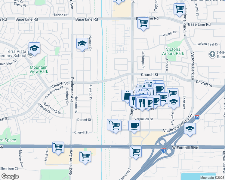 map of restaurants, bars, coffee shops, grocery stores, and more near 7736 Chambray Place in Rancho Cucamonga