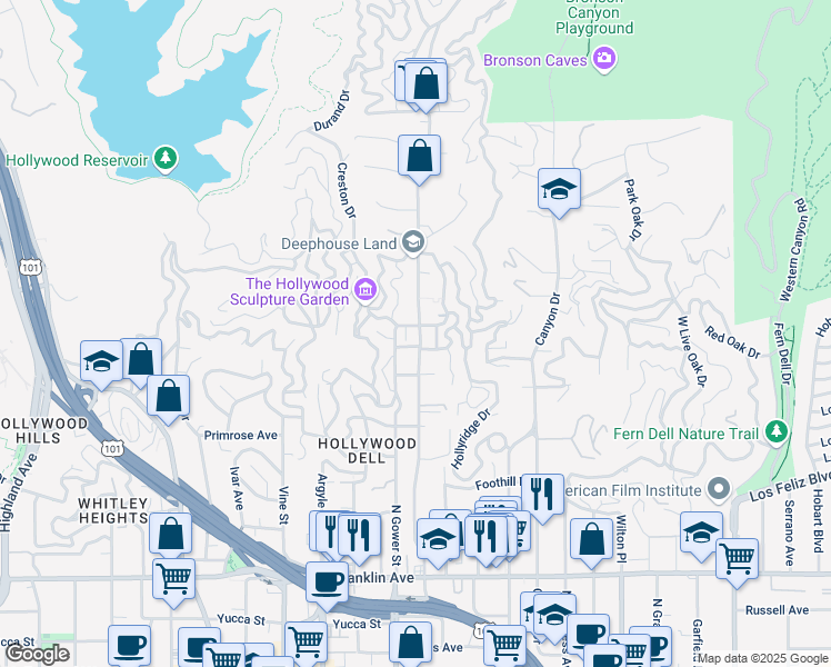 map of restaurants, bars, coffee shops, grocery stores, and more near 2327 North Beachwood Drive in Los Angeles