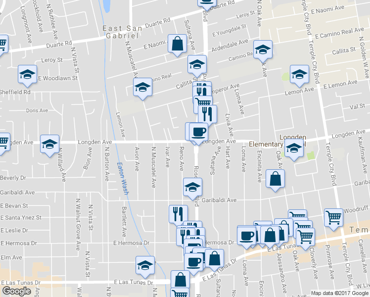 map of restaurants, bars, coffee shops, grocery stores, and more near 6262 Reno Avenue in Temple City