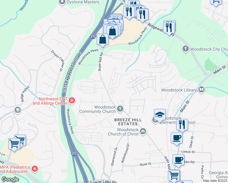map of restaurants, bars, coffee shops, grocery stores, and more near 490 Ridge Trail in Woodstock