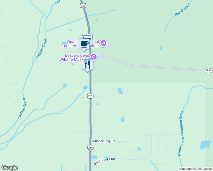 map of restaurants, bars, coffee shops, grocery stores, and more near 66 Neeson Wood Circle in Broken Bow