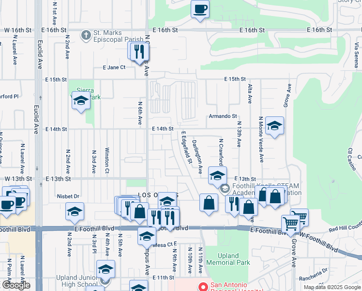 map of restaurants, bars, coffee shops, grocery stores, and more near 1369 East Edgefield Street in Upland