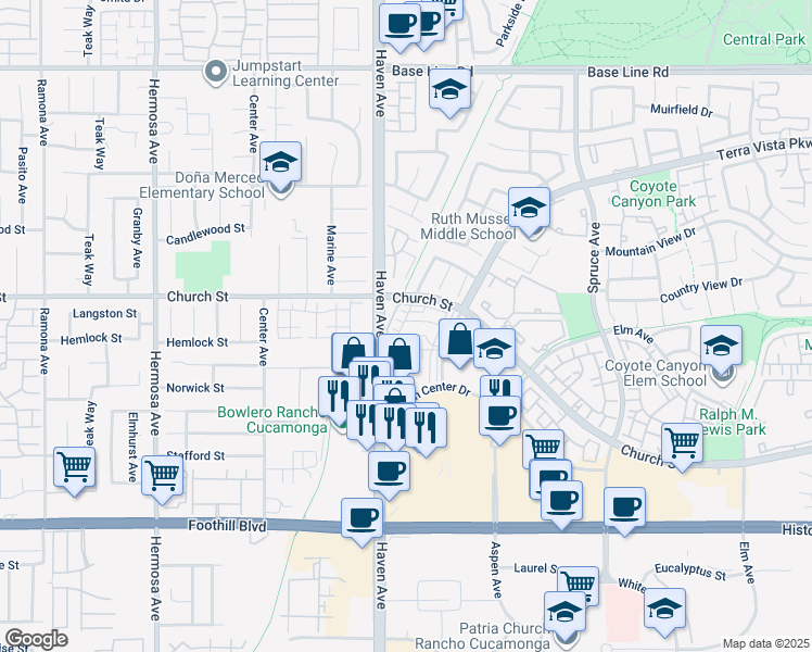 map of restaurants, bars, coffee shops, grocery stores, and more near 10519 Wilding Drive in Rancho Cucamonga