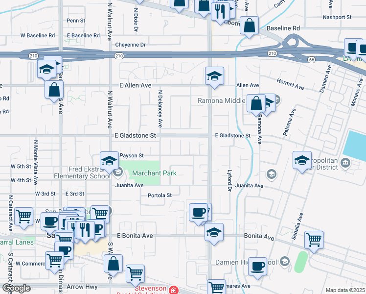 map of restaurants, bars, coffee shops, grocery stores, and more near 618 Churchill Avenue in San Dimas