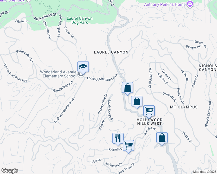 map of restaurants, bars, coffee shops, grocery stores, and more near 2330 Stanley Hills Drive in Los Angeles