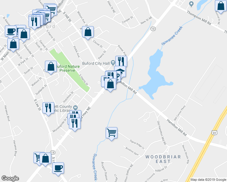 map of restaurants, bars, coffee shops, grocery stores, and more near 15 Buford Village Walk in Buford