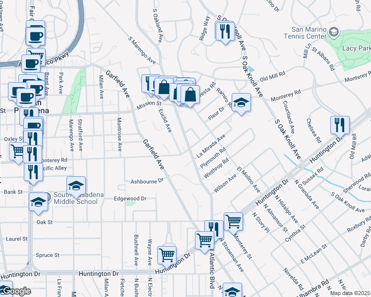 map of restaurants, bars, coffee shops, grocery stores, and more near 2445 Monterey Road in San Marino
