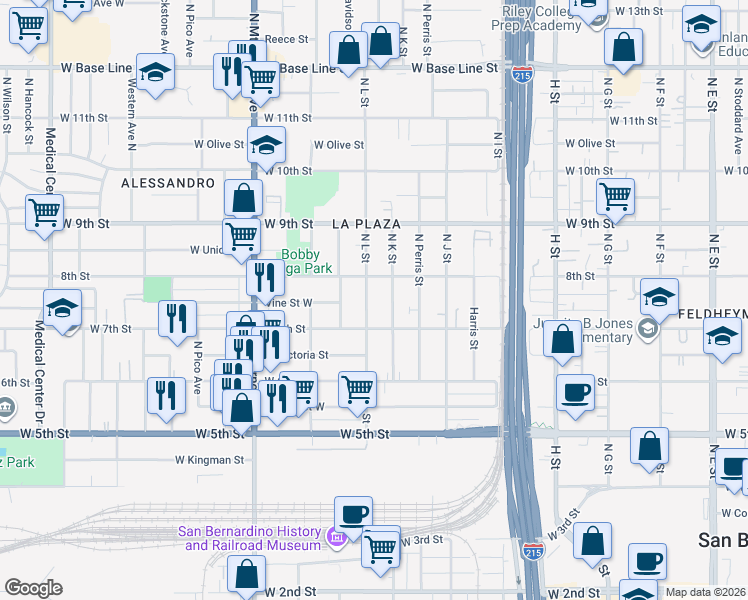 map of restaurants, bars, coffee shops, grocery stores, and more near 747 North L Street in San Bernardino