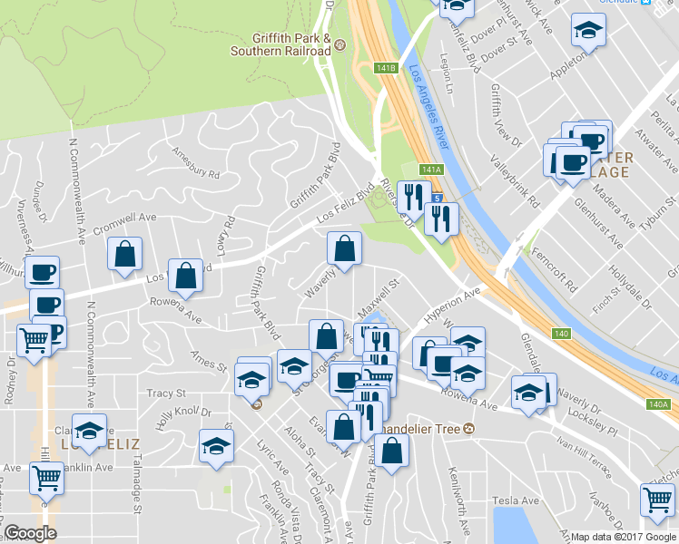 map of restaurants, bars, coffee shops, grocery stores, and more near 3334 Waverly Drive in Los Angeles